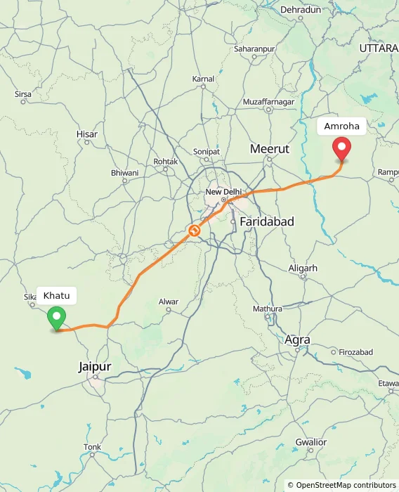 Route map showing distance and travel time from Khatu, India to Amroha, India