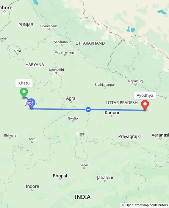 Route map showing distance and travel time from Khatu, India to Ayodhya, India
