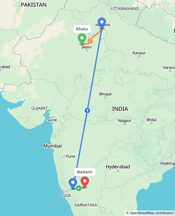 Route map showing distance and travel time from Khatu, India to Badami, India