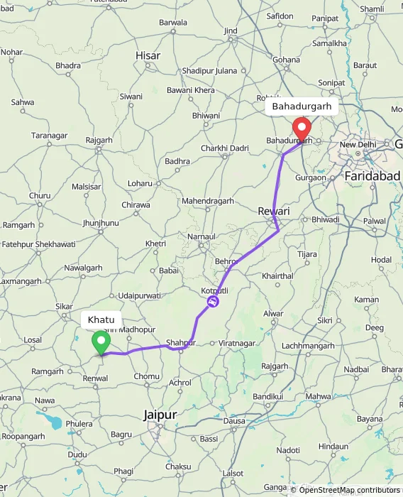 Route map showing distance and travel time from Khatu, India to Bahadurgarh, India