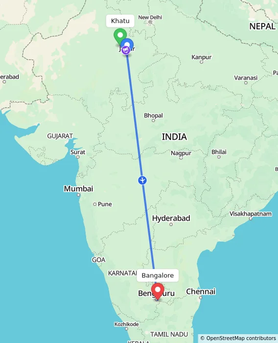 Route map showing distance and travel time from Khatu, India to Bangalore, India