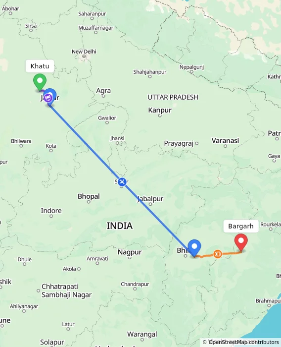 Route map showing distance and travel time from Khatu, India to Bargarh, India