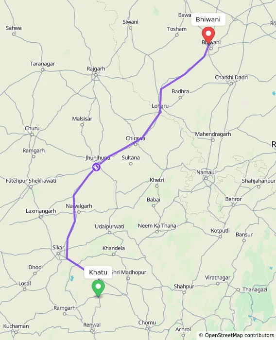 Route map showing distance and travel time from Khatu, India to Bhiwani, India