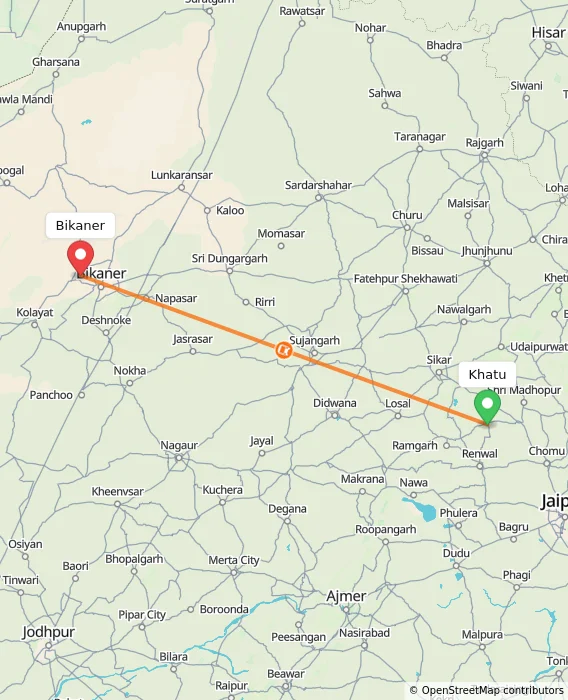 Route map showing distance and travel time from Khatu, India to Bikaner, India