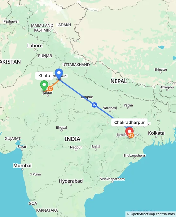 Route map showing distance and travel time from Khatu, India to Chakradharpur, India