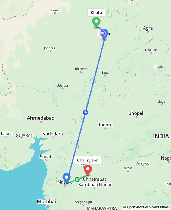 Route map showing distance and travel time from Khatu, India to Chalisgaon, India