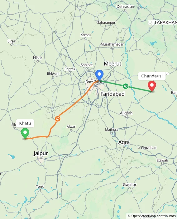 Route map showing distance and travel time from Khatu, India to Chandausi, India