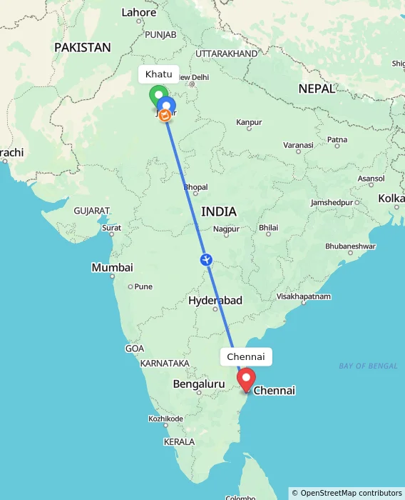 Route map showing distance and travel time from Khatu, India to Chennai, India