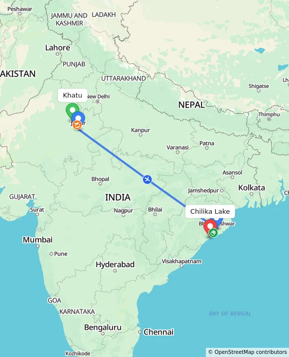 Route map showing distance and travel time from Khatu, India to Chilika Lake, India