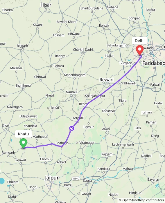 Route map showing distance and travel time from Khatu, India to Delhi, India