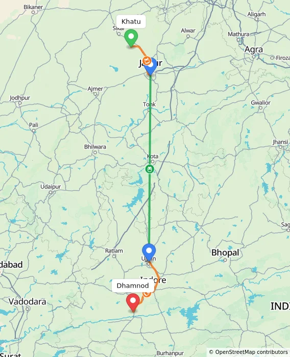 Route map showing distance and travel time from Khatu, India to Dhamnod, India