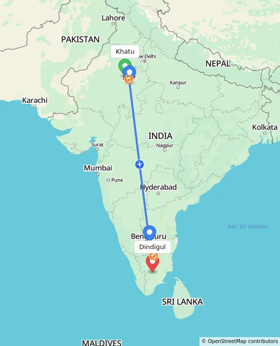 Route map showing distance and travel time from Khatu, India to Dindigul, India