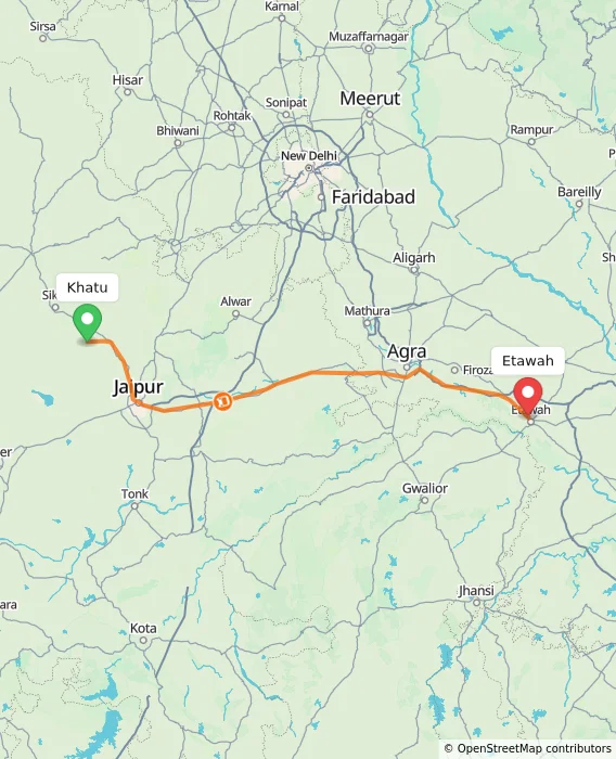 Route map showing distance and travel time from Khatu, India to Etawah, India