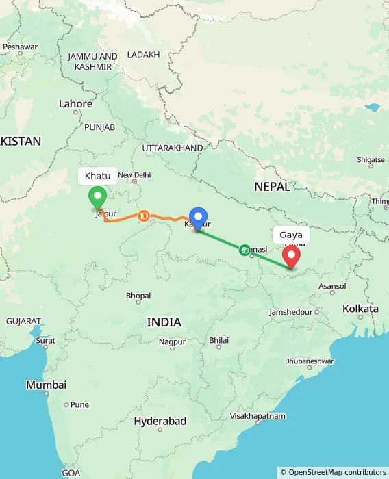Route map showing distance and travel time from Khatu, India to Gaya, India