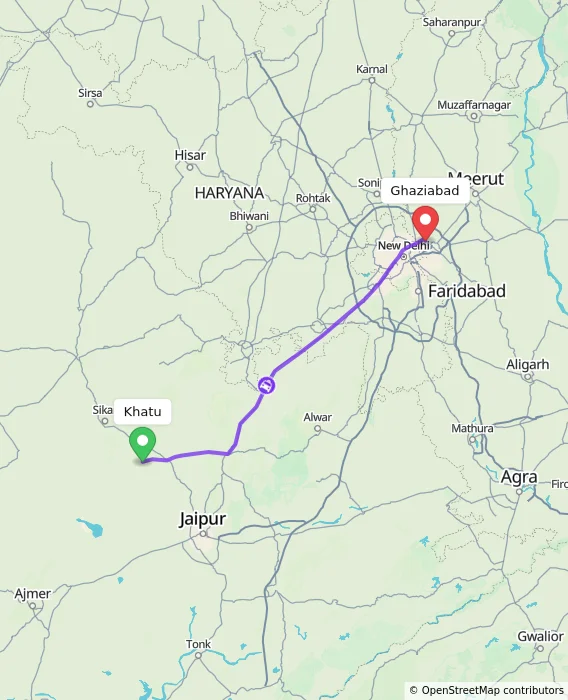 Route map showing distance and travel time from Khatu, India to Ghaziabad, India