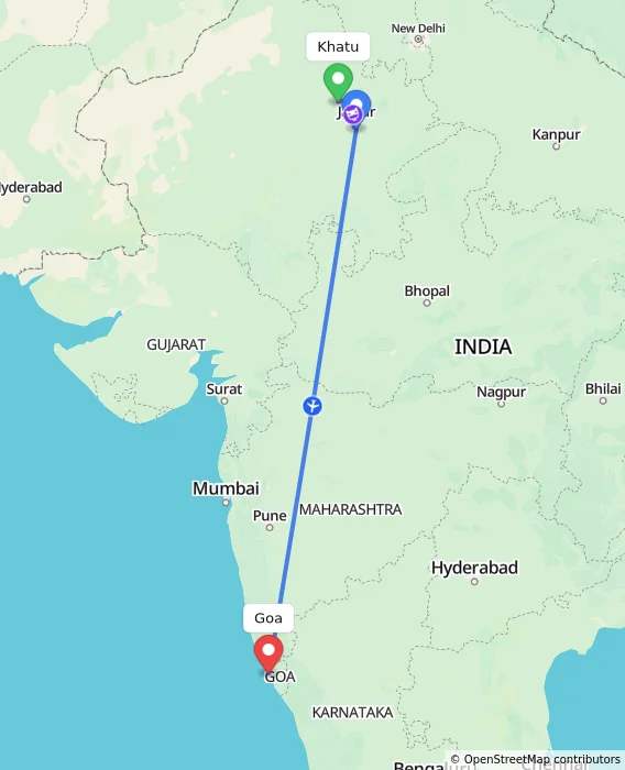 Route map showing distance and travel time from Khatu, India to Goa, India