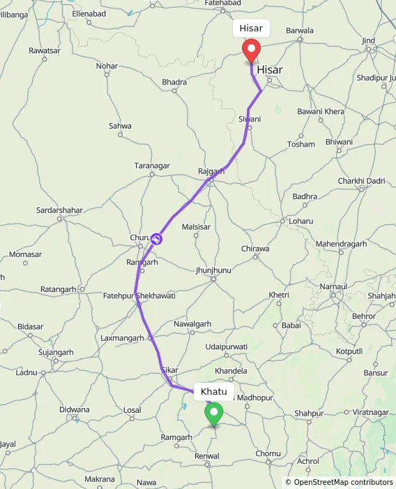 Route map showing distance and travel time from Khatu, India to Hisar, India