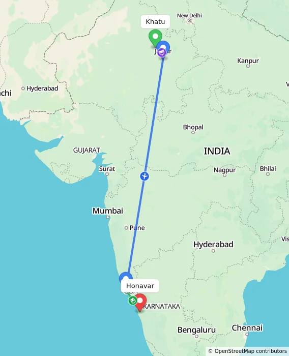 Route map showing distance and travel time from Khatu, India to Honavar, India