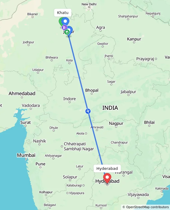 Route map showing distance and travel time from Khatu, India to Hyderabad, India