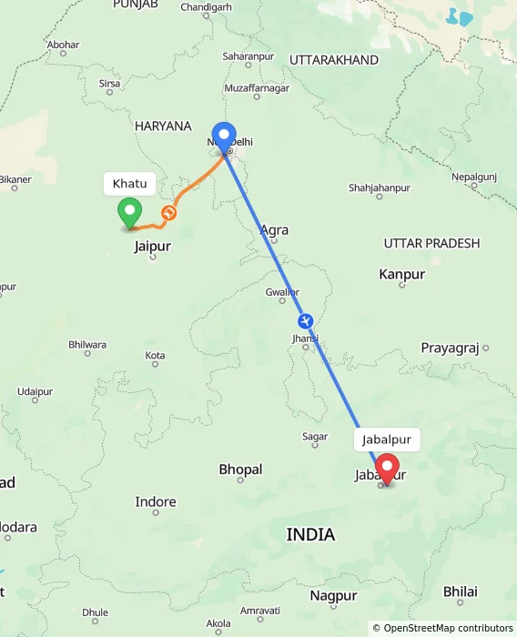 Route map showing distance and travel time from Khatu, India to Jabalpur, India