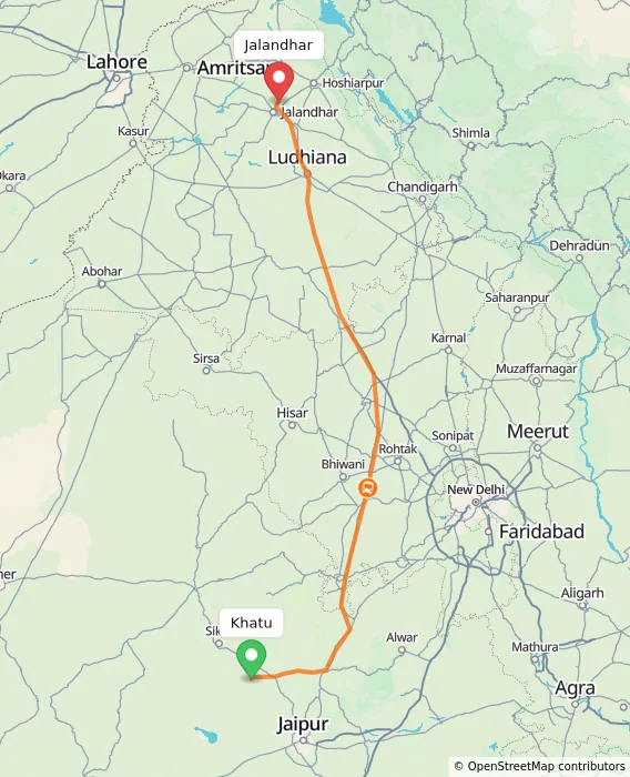 Route map showing distance and travel time from Khatu, India to Jalandhar, India