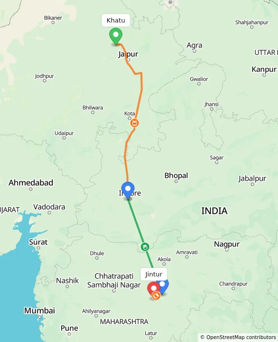 Route map showing distance and travel time from Khatu, India to Jintur, India