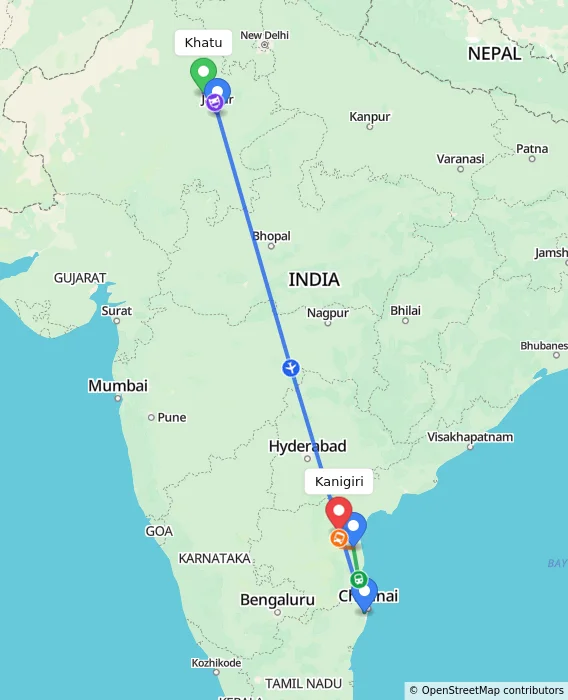 Route map showing distance and travel time from Khatu, India to Kanigiri, India