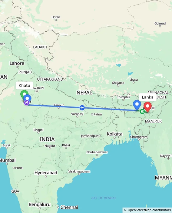 Route map showing distance and travel time from Khatu, India to Lanka, India