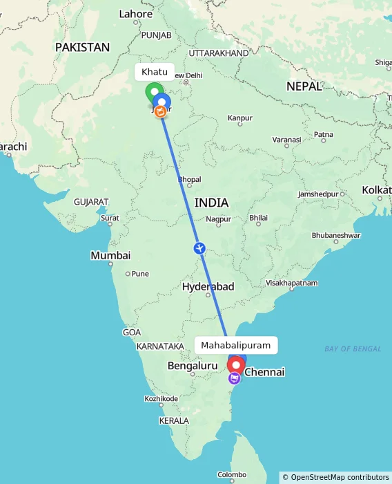 Route map showing distance and travel time from Khatu, India to Mahabalipuram, India