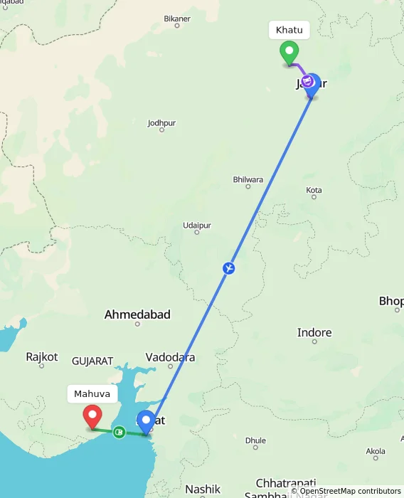 Route map showing distance and travel time from Khatu, India to Mahuva, India