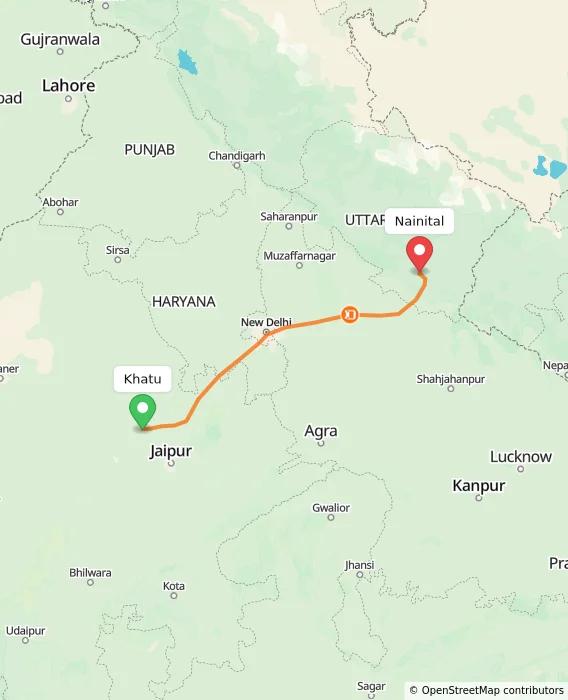 Route map showing distance and travel time from Khatu, India to Nainital, India