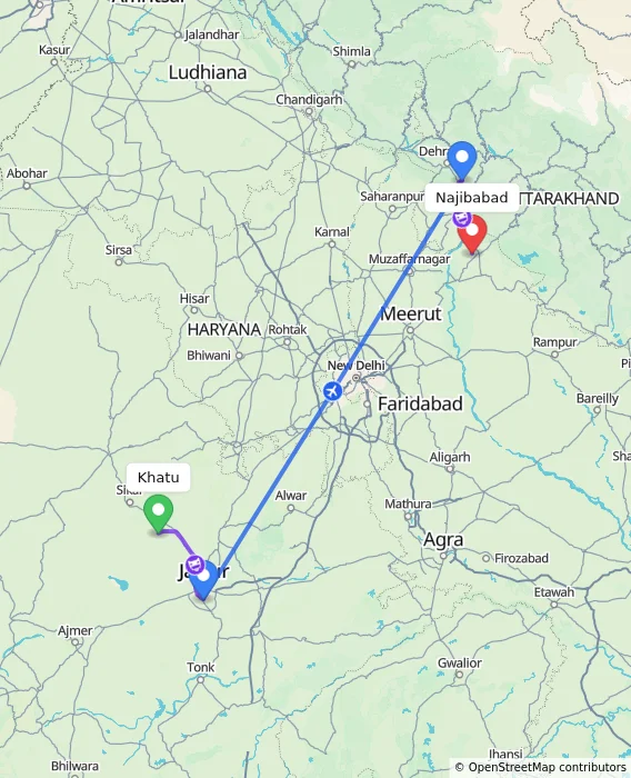 Route map showing distance and travel time from Khatu, India to Najibabad, India