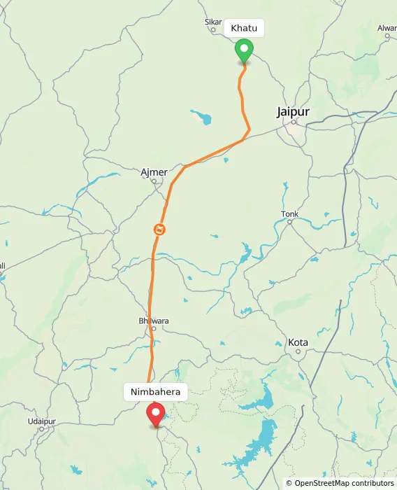 Route map showing distance and travel time from Khatu, India to Nimbahera, India