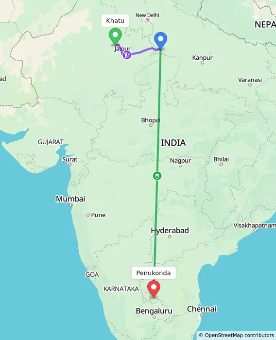 Route map showing distance and travel time from Khatu, India to Penukonda, India
