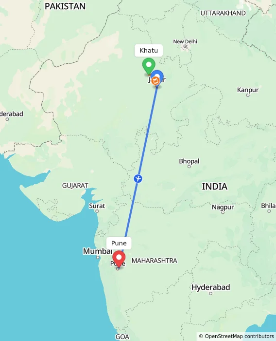 Route map showing distance and travel time from Khatu, India to Pune, India
