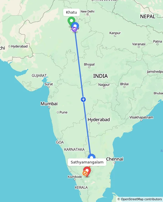 Route map showing distance and travel time from Khatu, India to Sathyamangalam, India