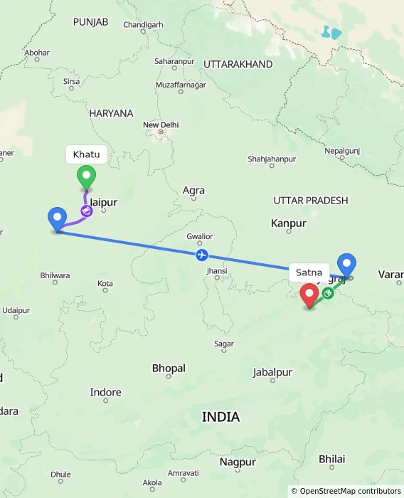 Route map showing distance and travel time from Khatu, India to Satna, India