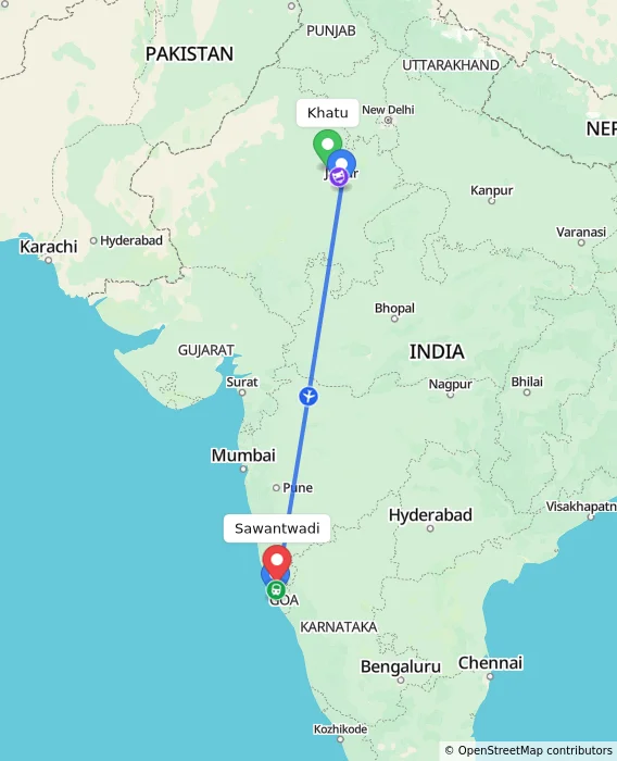 Route map showing distance and travel time from Khatu, India to Sawantwadi, India
