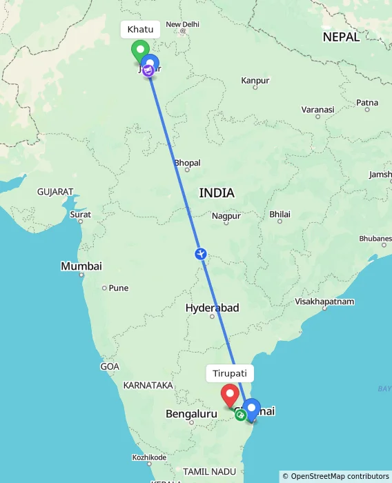 Route map showing distance and travel time from Khatu, India to Tirupati, India
