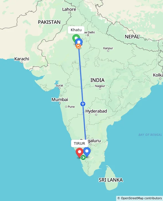Route map showing distance and travel time from Khatu, India to TIRUR, India