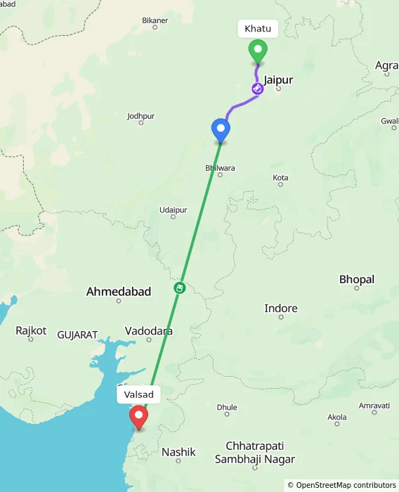 Route map showing distance and travel time from Khatu, India to Valsad, India
