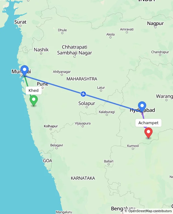 Route map showing distance and travel time from Khed, India to Achampet, India
