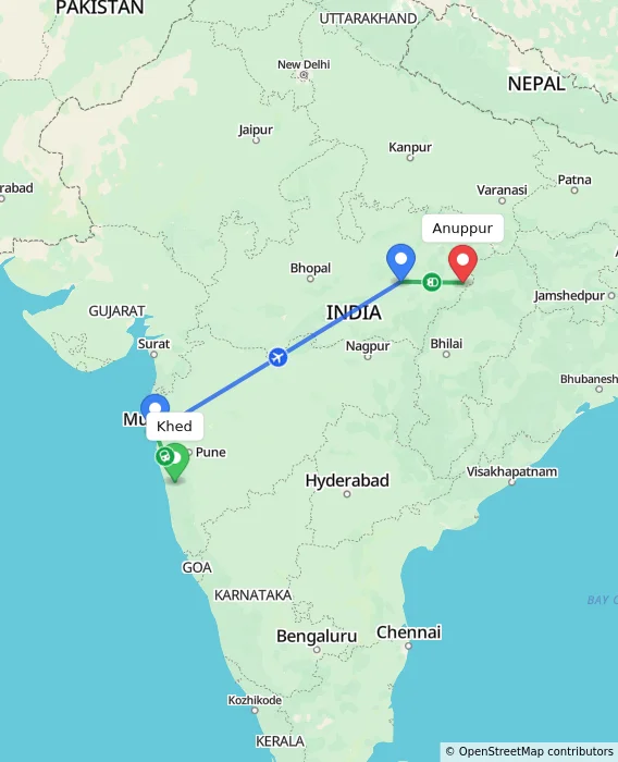 Route map showing distance and travel time from Khed, India to Anuppur, India