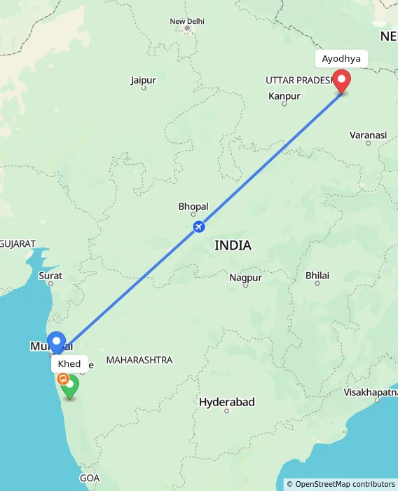 Route map showing distance and travel time from Khed, India to Ayodhya, India