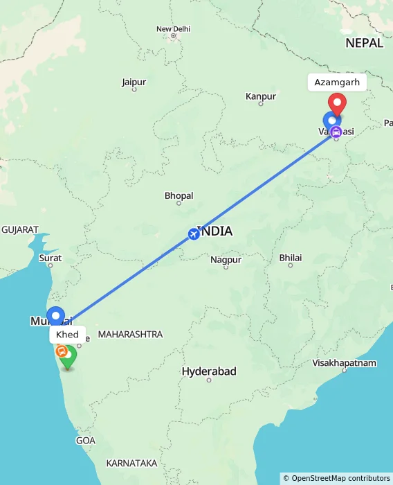 Route map showing distance and travel time from Khed, India to Azamgarh, India