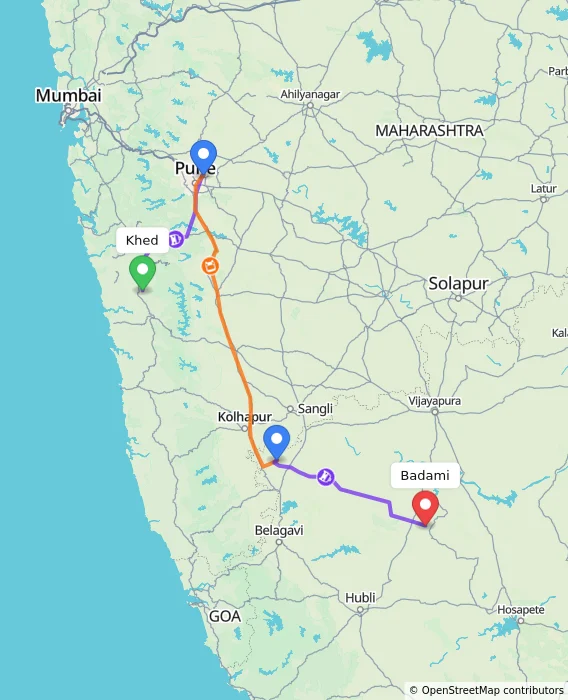 Route map showing distance and travel time from Khed, India to Badami, India