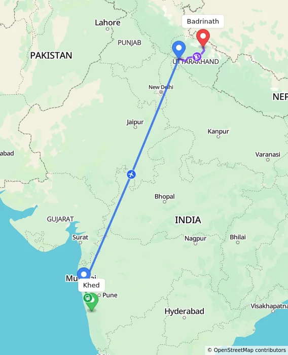 Route map showing distance and travel time from Khed, India to Badrinath, India