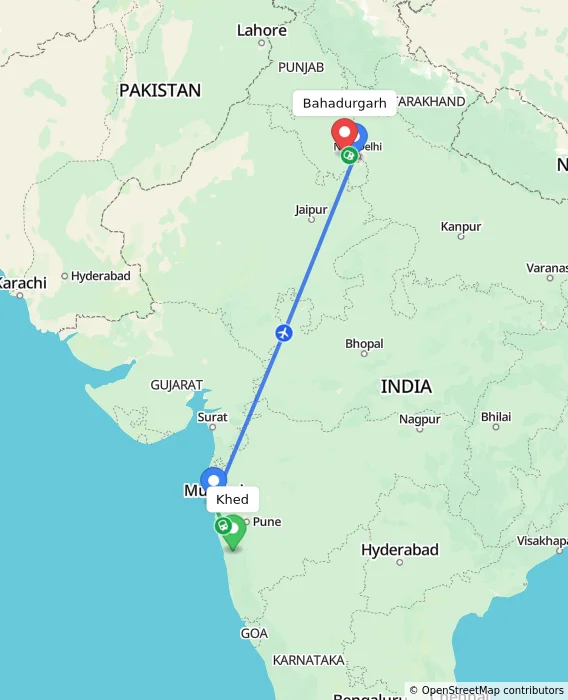 Route map showing distance and travel time from Khed, India to Bahadurgarh, India