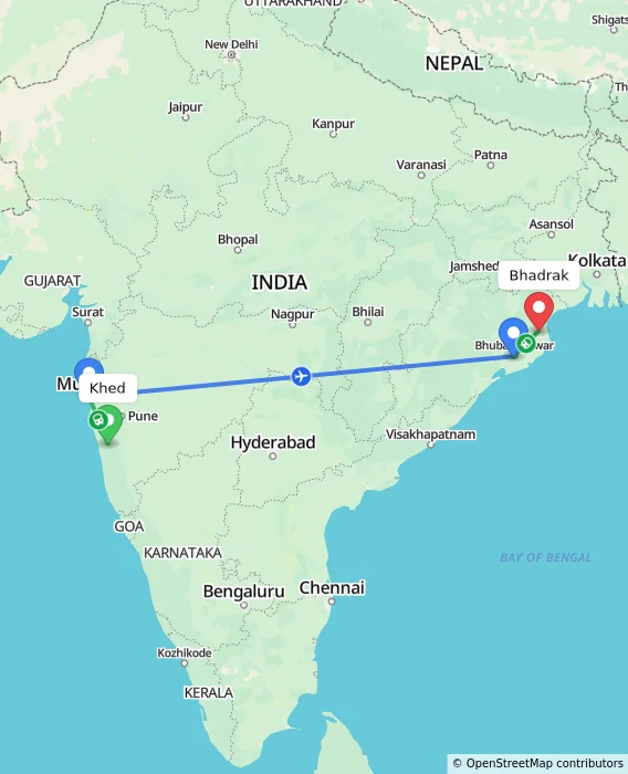 Route map showing distance and travel time from Khed, India to Bhadrak, India