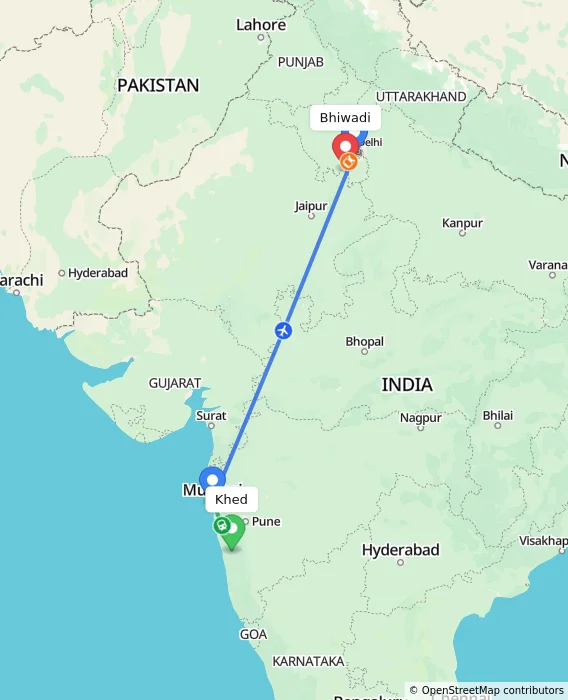 Route map showing distance and travel time from Khed, India to Bhiwadi, India